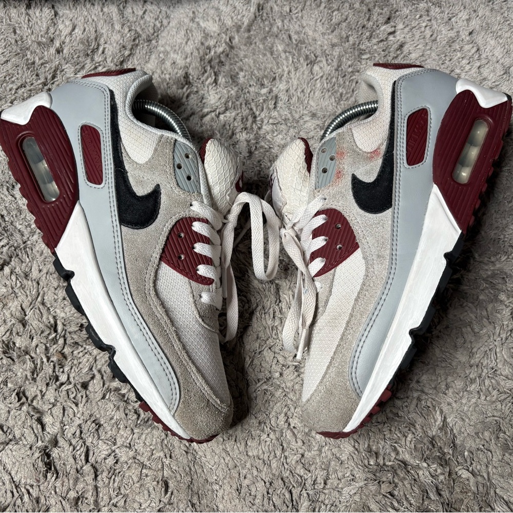 Nike Women's Air Max 90 Sneakers in White, Grey, Burgundy and Black